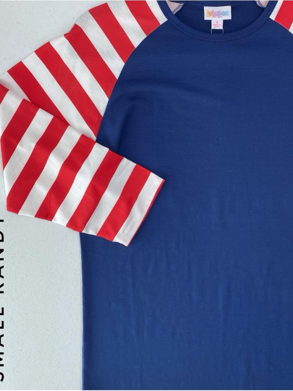 LuLaRoe Navy Tee with Red & White Striped Raglan Sleeves
